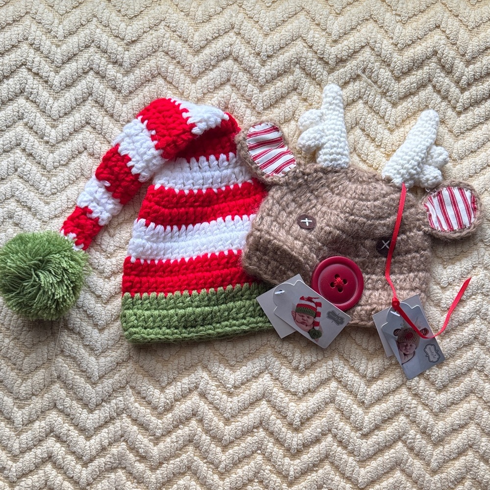 Mud Pie Red and White Striped Elf Hat and Brown Reindeer Hat Set - holiday